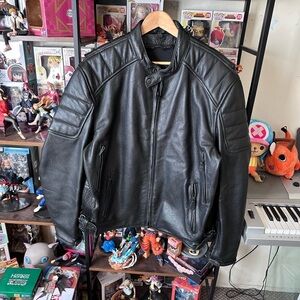 Vintage Black Leather Motorcycle Rider Jacket Size L Tall Heavy